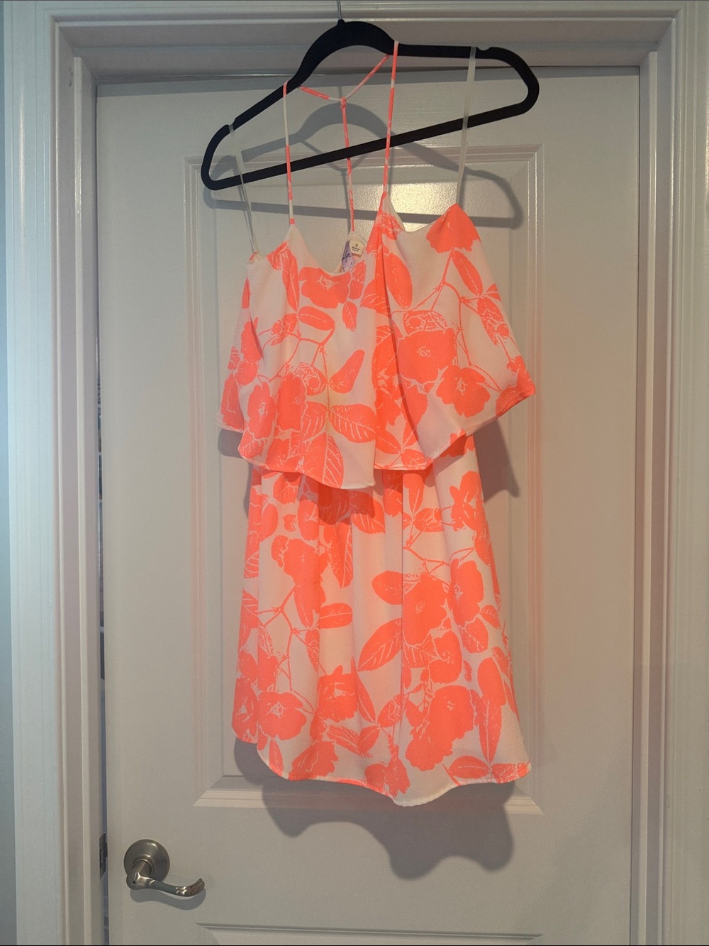 Francesca's Collections White and Neon Coral Floral Ruffle Sundress
